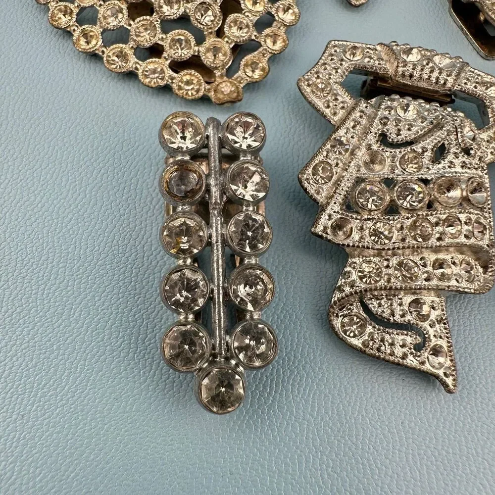 Vintage Rhinestone Dress Fur Clip Lot Silver Tone Art Deco Floral Some Pot Metal